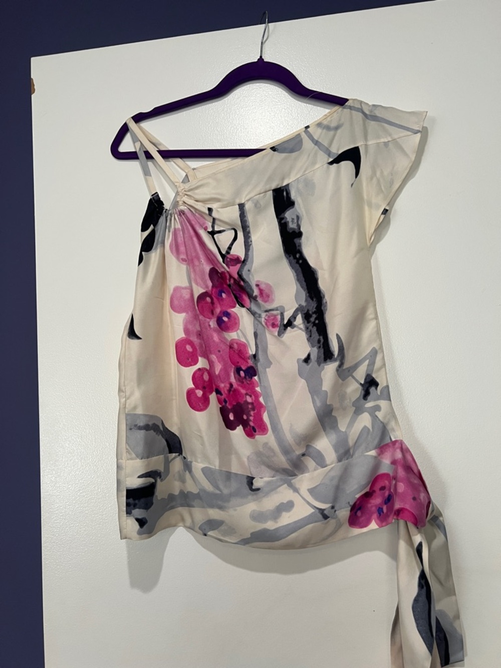 Robert Rodriguez Cream One-Shoulder Camisole with Pink Floral Accent